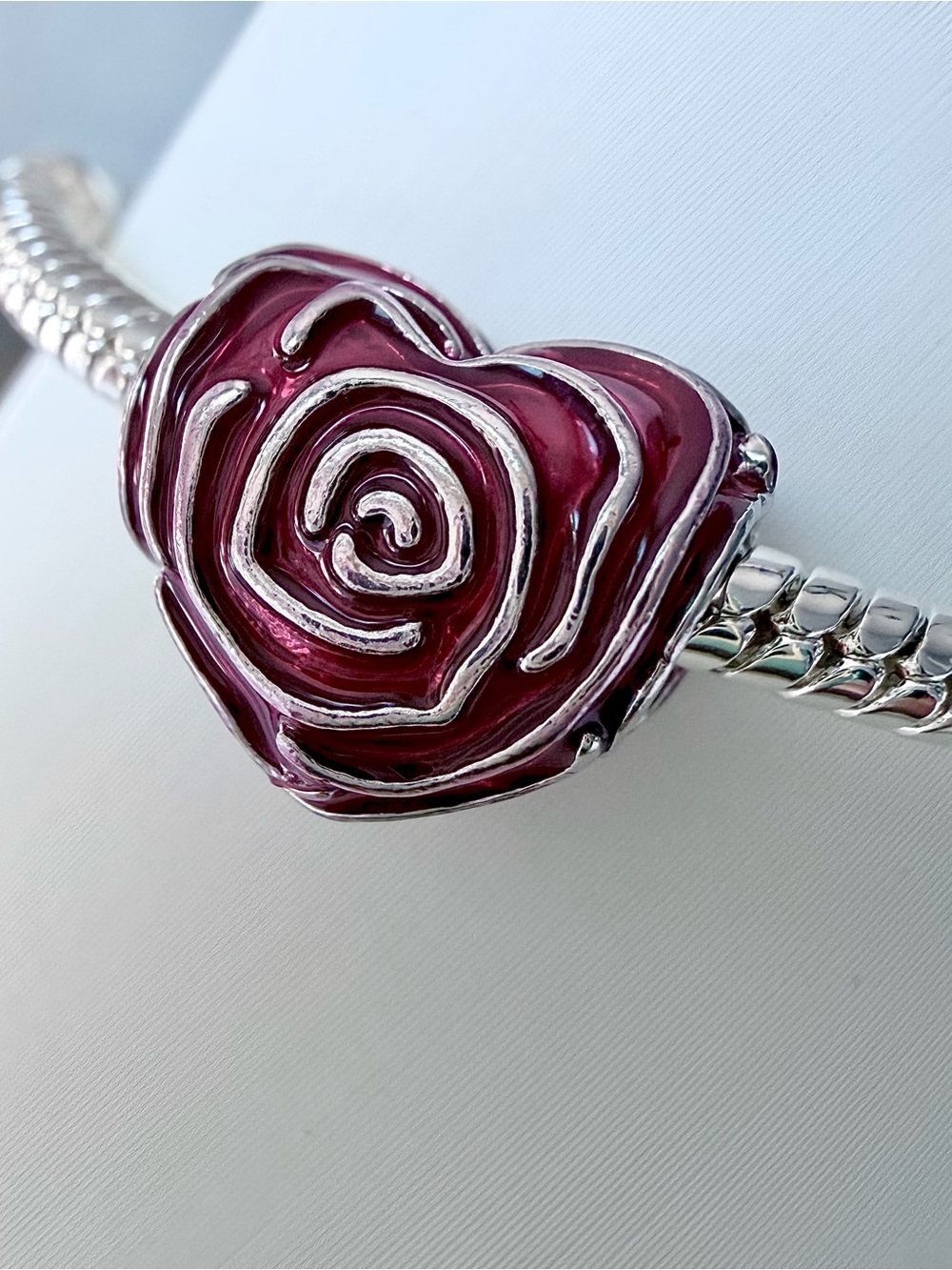 Red Heart Rose Bead Charm Fits Standard Snake Chain Bracelets